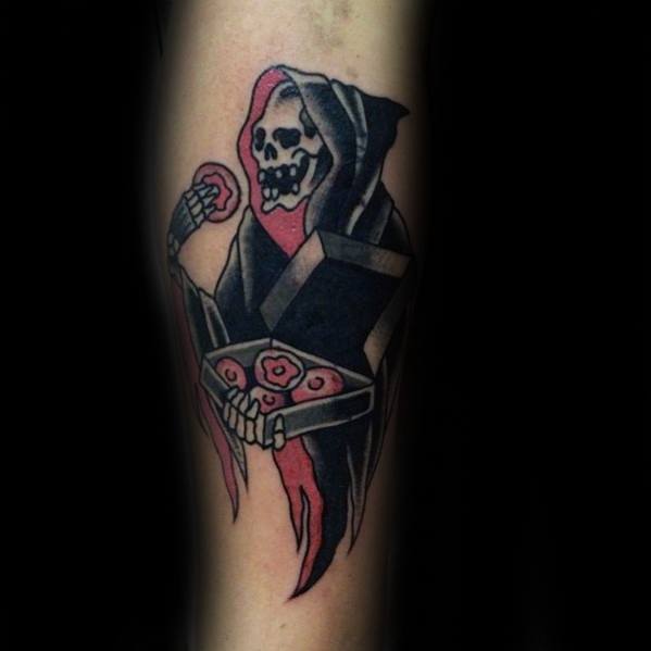 Tattoo of the Grim Reaper holding a box of donuts and eating one, combining dark imagery with a humorous twist.