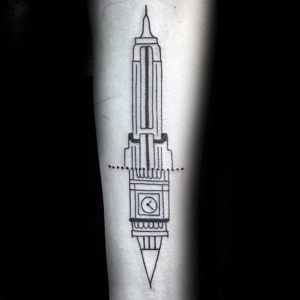 Minimalist black line tattoo combining the Empire State Building and Big Ben, with the clock positioned in the center of the design, on the forearm.