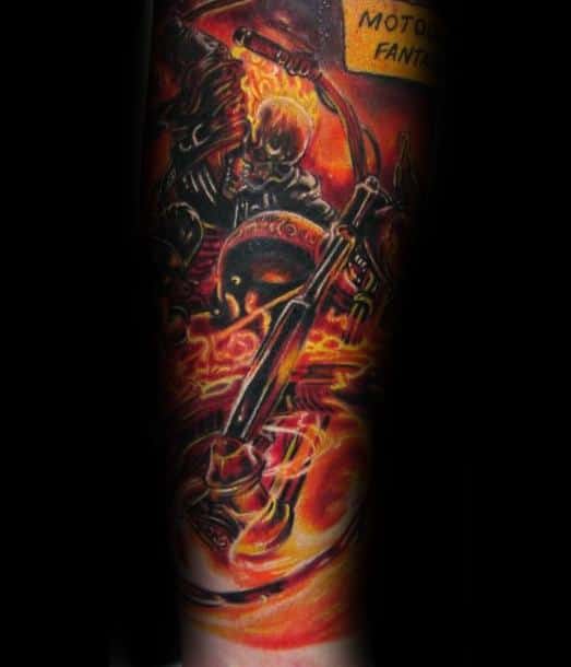 Ghost Rider tattoo with intense red and orange flames, showing the fiery rider on a motorcycle surrounded by swirling heat and motion.