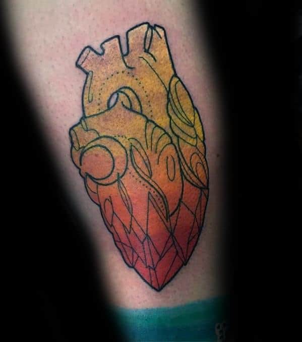 Tattoo of an anatomical heart with fine black outlines and a soft gradient fill transitioning from yellow to orange to red.