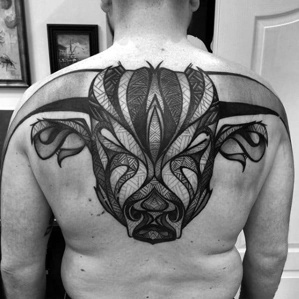 Mens Tattoo Great Bull Head Design On Upper Back