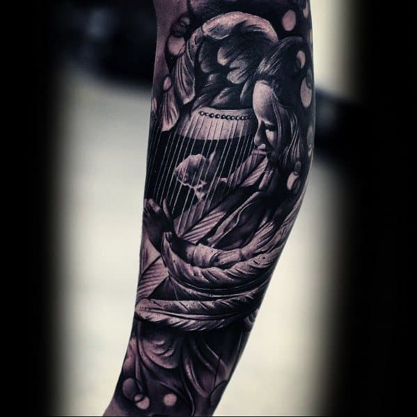Mens Tattoo Harp Design Forearm Sleeve