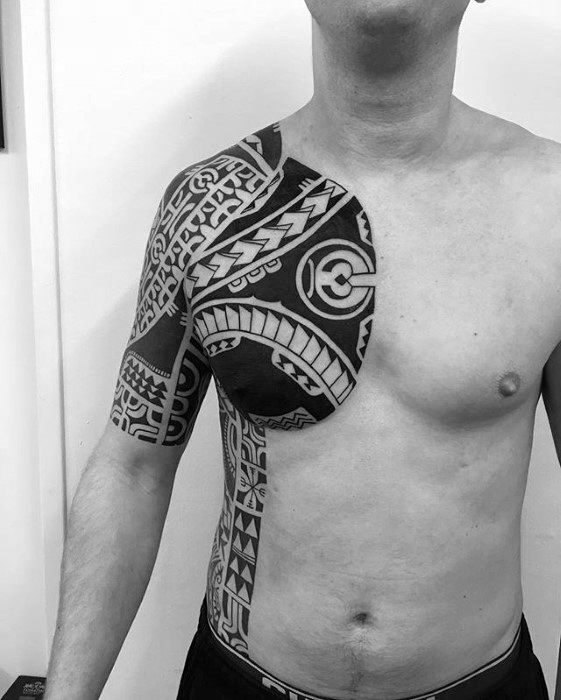 Mens Tattoo Ideas With Awesome Half Sleeve Chest Tribal Design