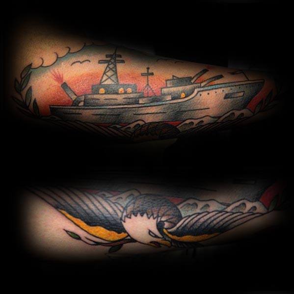Tattoo of a battleship and eagle with dark, vivid colors on skin