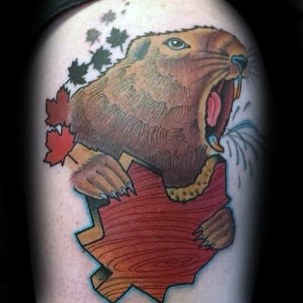 Roaring beaver tattoo bursting through a wooden maple leaf, with splashing water and falling red and black maple leaves above.