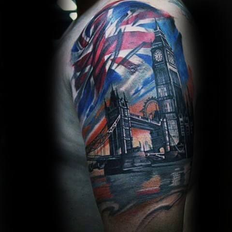 Vibrant tattoo featuring Big Ben, the Tower Bridge, and the London Eye, with a Union Jack flag in the background, capturing iconic London landmarks in colorful detail.