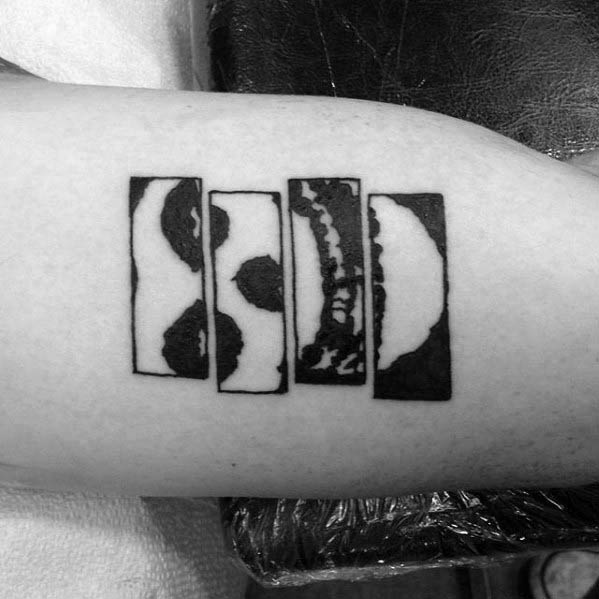 Black Flag bars filled with split skull imagery, blending punk iconography with a dark, skeletal twist across four panels.