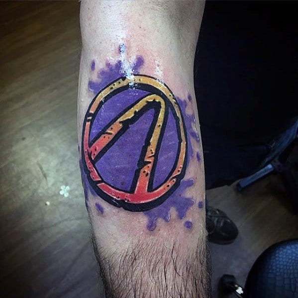 Borderlands logo tattoo with a vibrant red and yellow design over a purple paint splatter background for a bold, dynamic look.