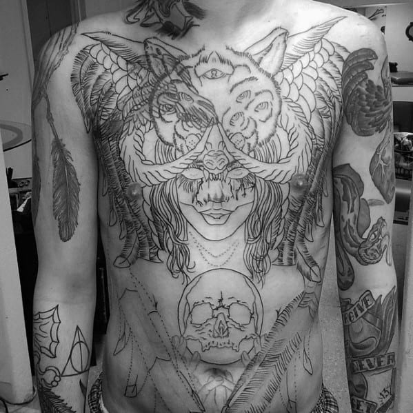 Mens Tattoo Ideas With Crystal Ball Design Full Chest Fortune Teller Theme