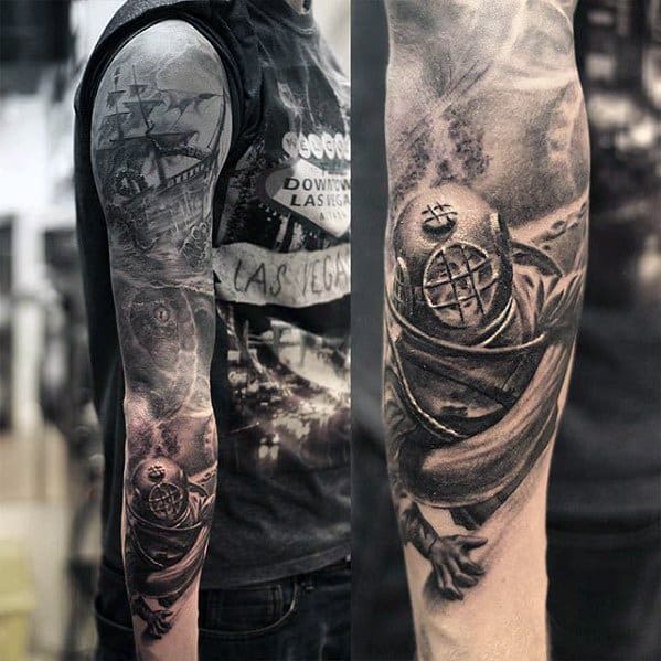 Mens Tattoo Ideas With Diver Design Half Sleeve