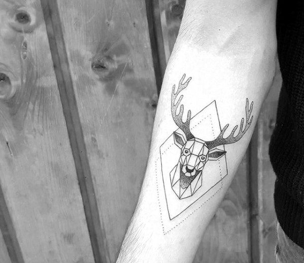 Minimal geometric deer head tattoo with dotted diamond outlines and clean linework, placed on the inner forearm for a modern look.