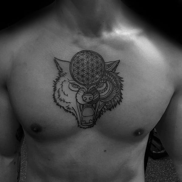 Mens Tattoo Ideas With Geometric Circle Flower Of Life And Wolf Head Chest Design