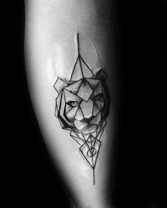 Geometric tiger tattoo on the forearm with fine linework, angular shapes, and a central downward triangle for a sleek, modern design.