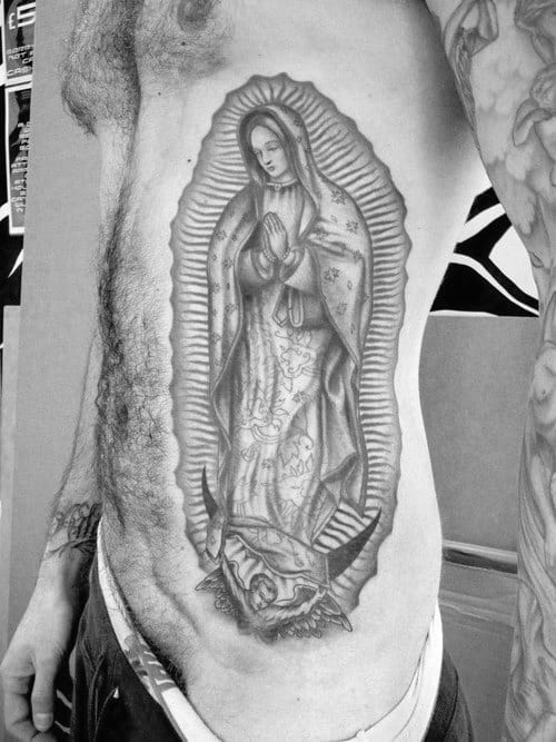 Mens Tattoo Ideas With Guadalupe Design Rib Cage Side