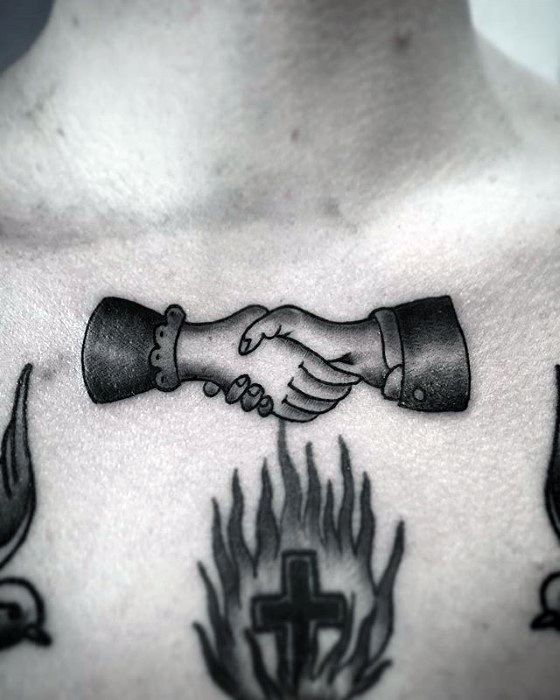 Mens Tattoo Ideas With Handshake Design On Upper Chest With Black And Grey Ink