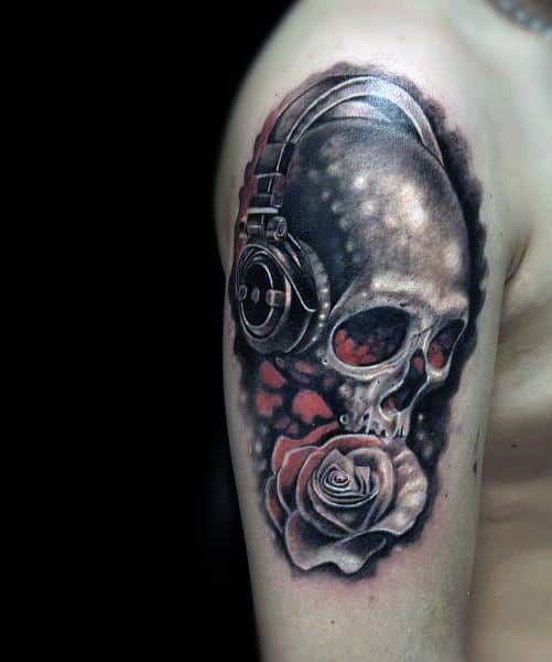 Mens Tattoo Ideas With Headphones Skull Design On Arm