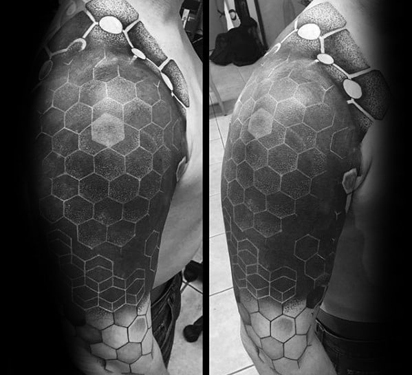 Mens Tattoo Ideas With Honeycomb Pattern Blackout Sleeve Design
