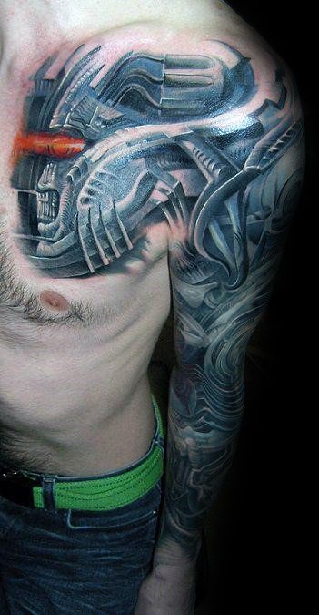 HR Giger-inspired biomechanical sleeve tattoo featuring a futuristic robotic head with glowing red eye and intricate tubing designs.