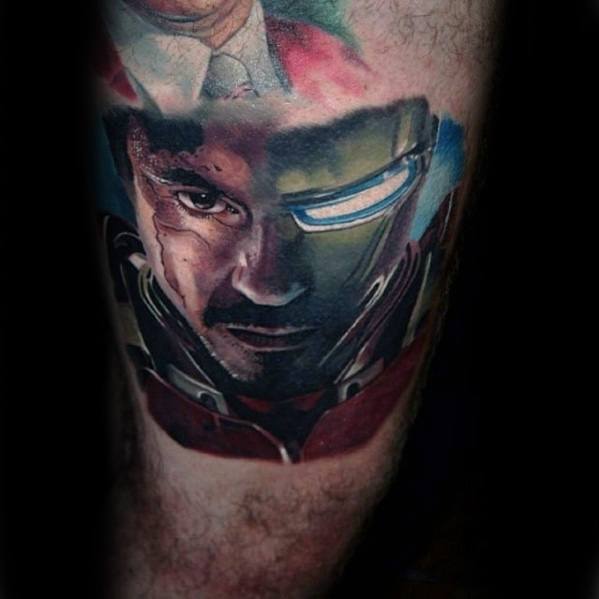 Iron Man tattoo featuring a detailed portrait of Tony Stark with his helmet partially lifted, showcasing a mix of vibrant colors and dynamic shading to capture his heroic expression and iconic armor.