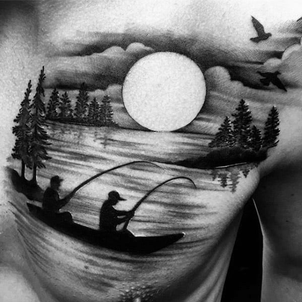 Black and grey chest tattoo of two people fishing in a canoe, with a glowing sun, calm lake, pine trees, and birds flying overhead.