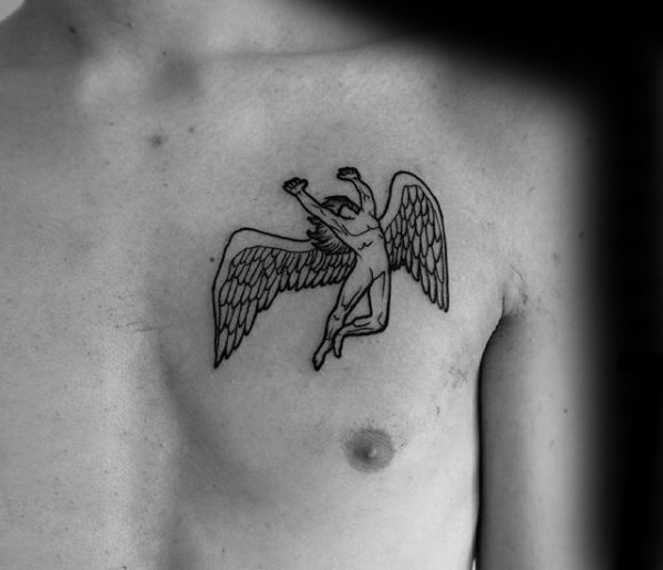 Minimalist chest tattoo of the winged Icarus figure with arms raised, inspired by Led Zeppelin’s Swan Song Records logo.