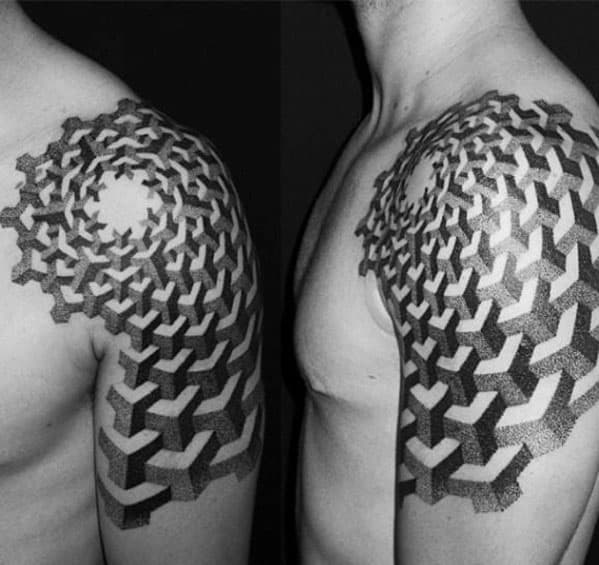 MC Escher-inspired shoulder and upper arm tattoo featuring interlocking 3D cubes forming a hypnotic, spiraling geometric illusion.