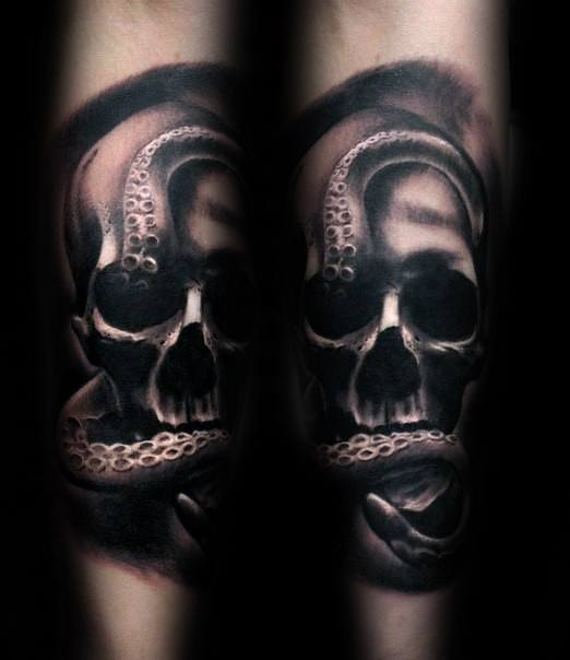Skull entwined with octopus tentacles, with deep shading and intricate details, creating a dark and bold black-and-grey tattoo design.
