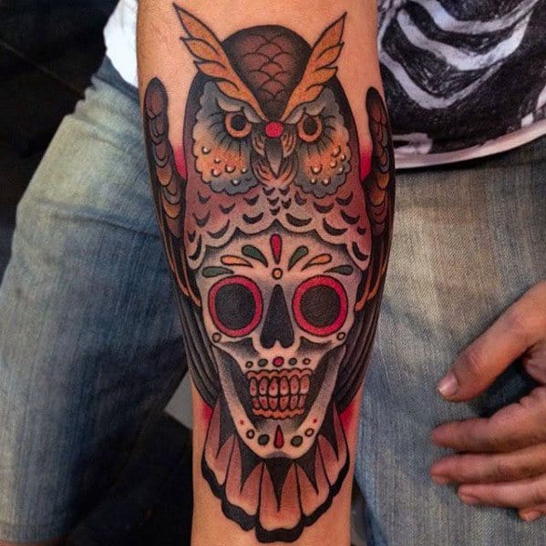 Mens Tattoo Ideas With Owl Day Of The Dead Skull Design On Inner Forearm