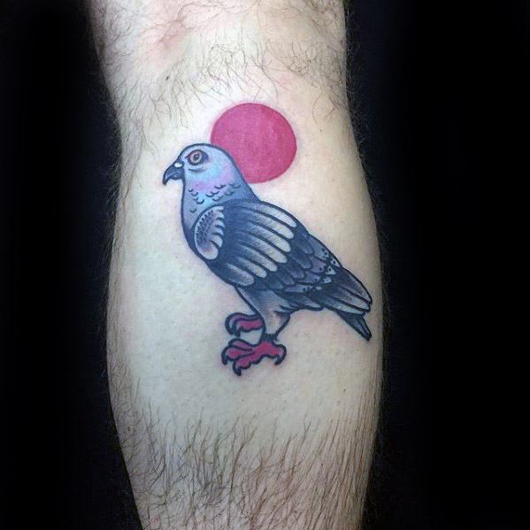 Minimalist pigeon tattoo with clean lines, soft shading, and a bold red circle in the background, adding a modern artistic touch.