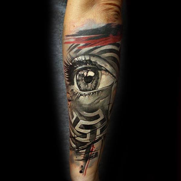 Mens Tattoo Ideas With Realistic 3d Eye And Watercolor Maze Design On Outer Forearm