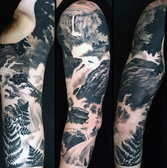 Mens Tattoo Ideas With River Design Half Sleeve