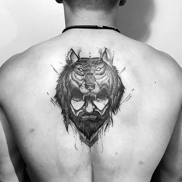Mens Tattoo Ideas With Sick Wolf Design On Upper Back