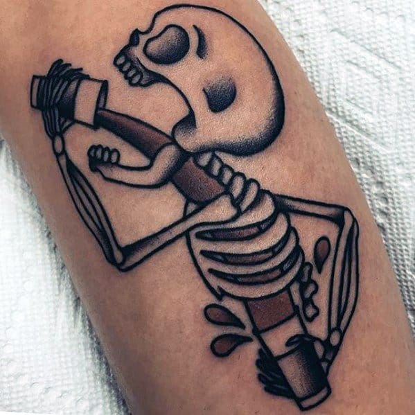 Mens Tattoo Ideas With Skeleton Drinking Coffee Arm Design