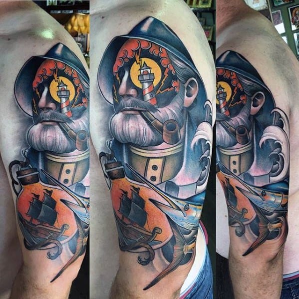 Mens Tattoo Ideas With Swordfish And Sailor Arm Design