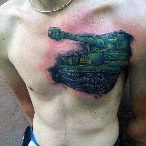 Vivid green and black chest tattoo of a tank with bold outlines, angled cannon, and red shading around the edges for dramatic effect.