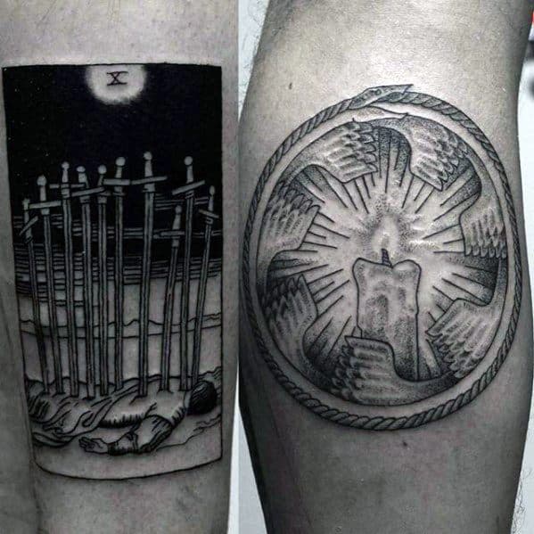 Mens Tattoo Ideas With Tarot Design On Leg Calf