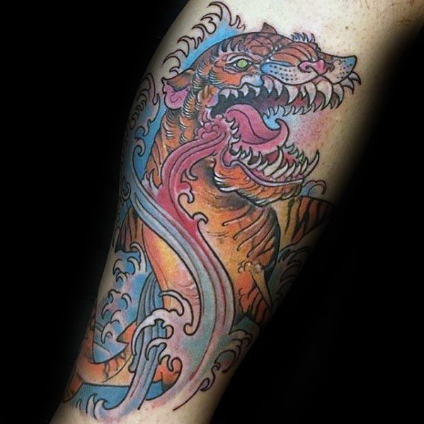 Vibrant tiger shark hybrid tattoo with swirling waves, open jaws, and expressive eyes in a bold, colorful Japanese-inspired style.