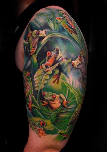 Mens Tattoo Ideas With Tree Frog Design Half Sleeve