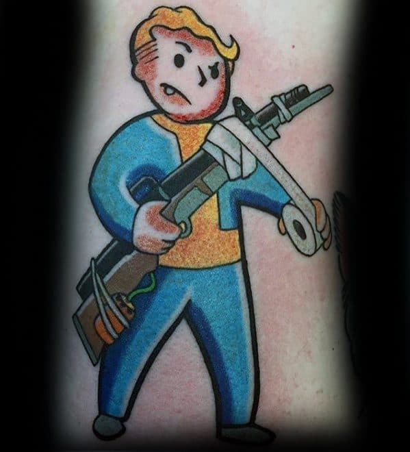 Vault Boy tattoo in combat stance holding a rifle wrapped in duct tape, with bold shading and a determined Fallout-style expression.