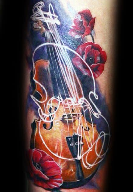 Vibrant tattoo of a realistic violin with red poppies, overlaid by abstract white linework, blending fine detail with artistic flair on the forearm.
