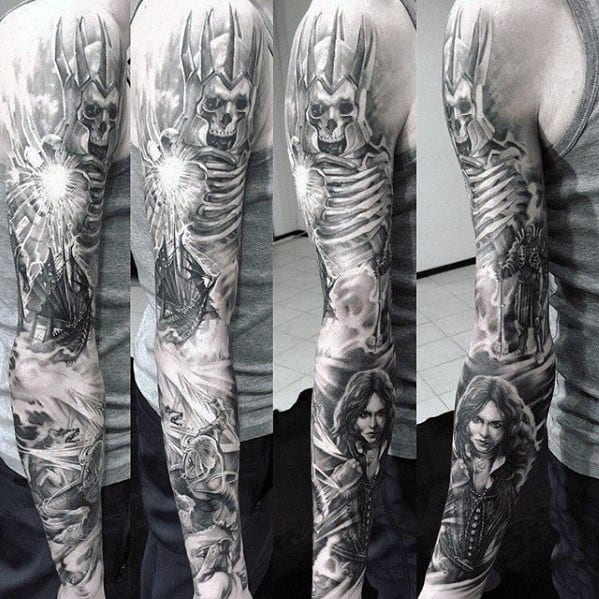 Epic full-sleeve Witcher tattoo in black and grey featuring the Wild Hunt, a glowing portal, Geralt, Yennefer, and intense battle scenes.