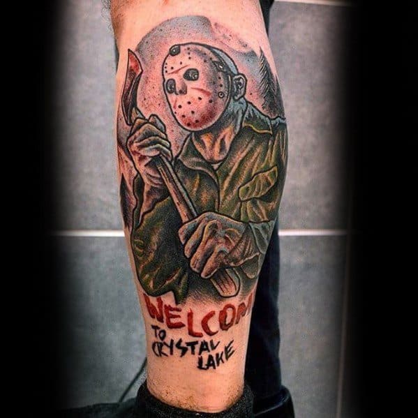 Mens Tattoo Jason Mask Design On Leg