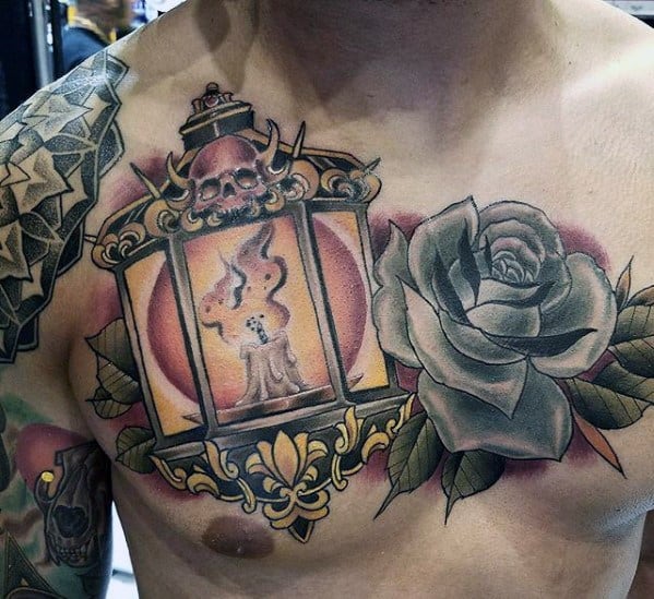 Mens Tattoo Lantern With Rose Flower Design On Chest