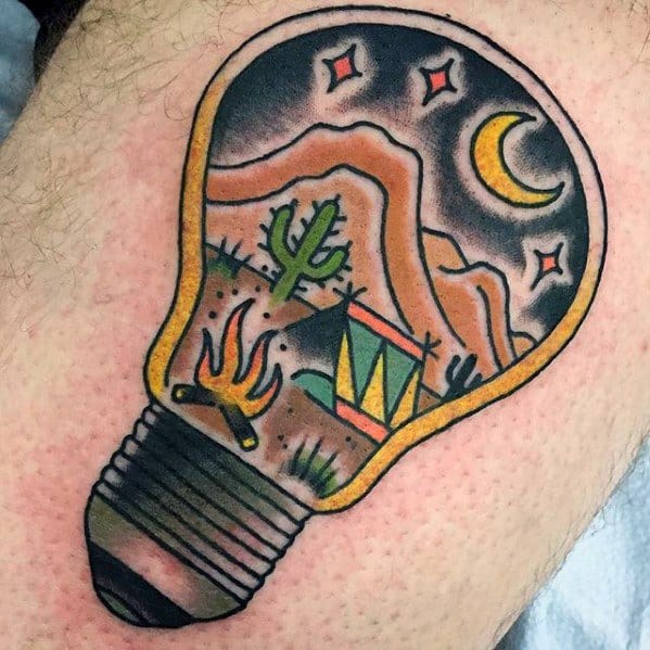 Mens Tattoo Lightbulb Tent Design On Thigh