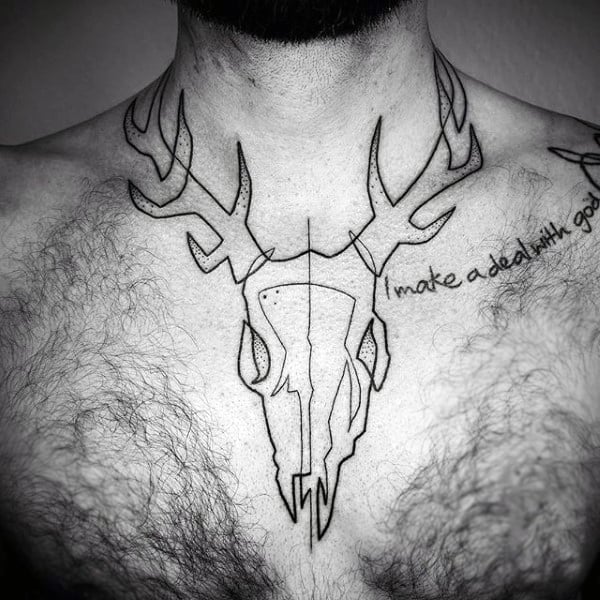 Mens Tattoo Line Art Of Deer Skull On Chest