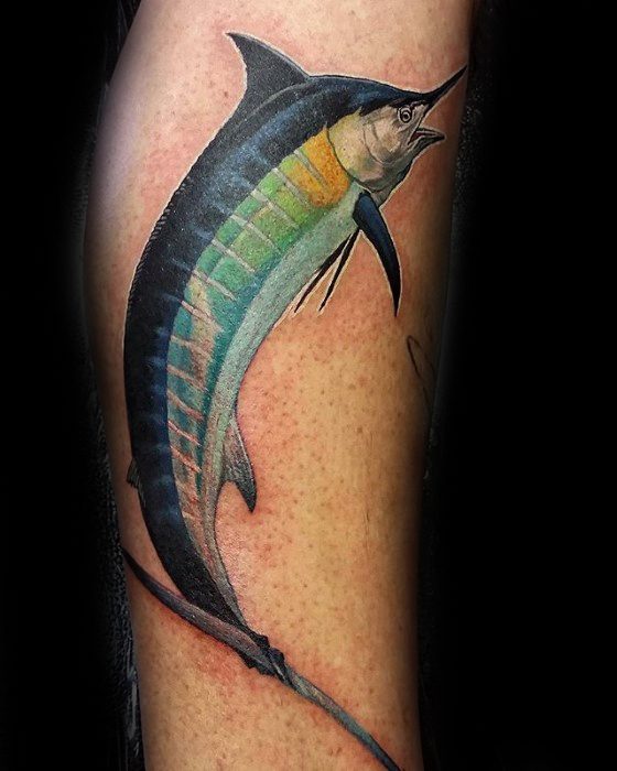 Mens Tattoo Marlin Design On Leg