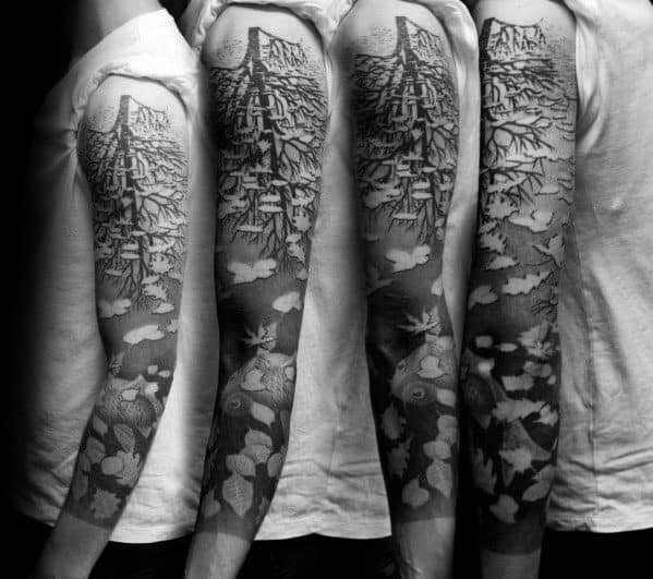 MC Escher-inspired full sleeve tattoo blending tree branches into falling leaves that morph into koi fish swimming through shaded patterns.