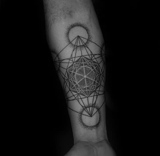 Forearm tattoo of Metatron’s Cube with fine linework and dot-shaded circular halos, creating a balanced and spiritual geometric look.