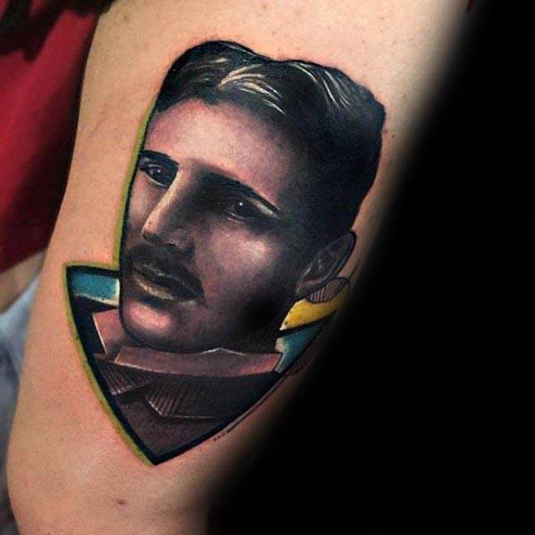 Stylized portrait tattoo of Nikola Tesla with smooth color gradients, bold outlines, and a modern geometric frame.