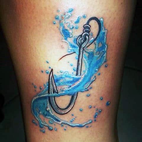 Mens Tattoo Of 3d Watercolor Splash Fish Hook On Arm